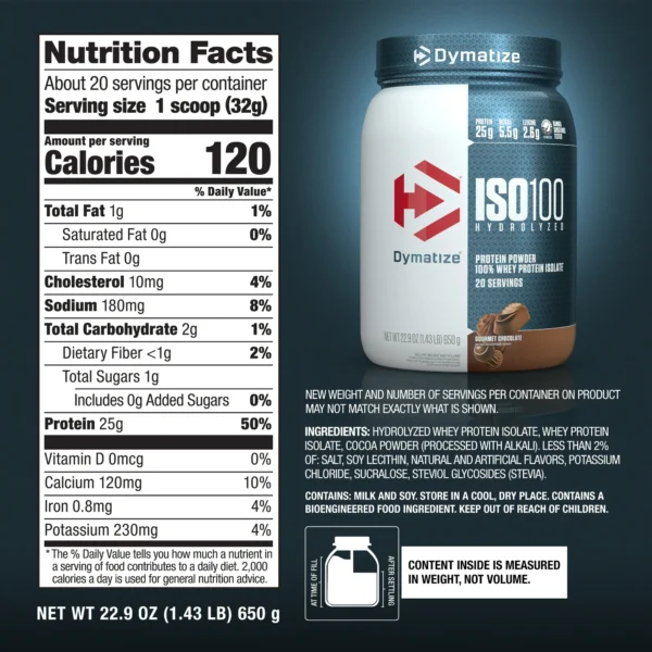 Proteína ISO100 Hydrolyzed Dymatize | 20 serv - Imagen 3